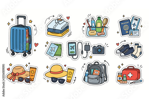 Travel essentials stickers: suitcase, camera, passport, and clothing icons.