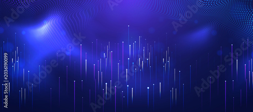 Fotografie Data visualization background with vertical glowing streaks and digital particle wave in blue space