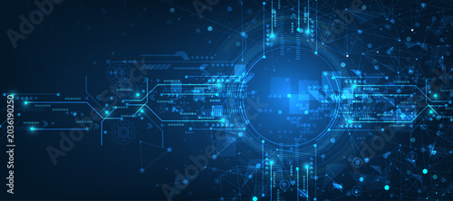 Modern digital technology concept with gear wheels and network connection points on blue background.