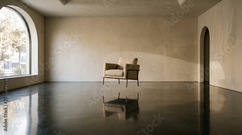 Empty chair floating illusion on reflective polished floor in minimalist bright room interior
