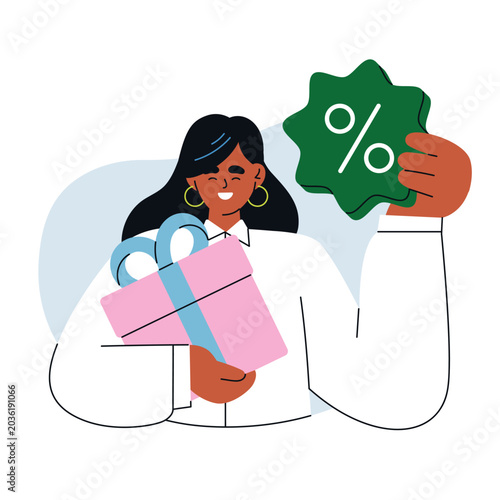 Happy woman with gift, present box and seasonal sale, discount, special offer...