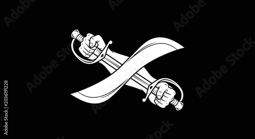 Photos Black and white illustration of two hands gripping a sword with a wavy blade