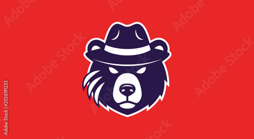 Bild auf Leinwand Illustration of a stylized bear's head wearing a fedora hat on a red background