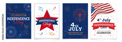 A set of holiday posters or postcards dedicated to US Independence Day, which is celebrated on July 4. The posters are made in patriotic colors.