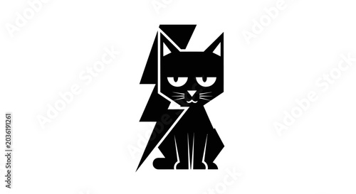 Foto Black cat with a lightning bolt tail, minimalist geometric design, sitting calml