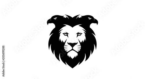Foto Bold black and white lion with a fierce face, and two separate eagle head profil