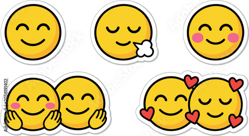 Schilderij op canvas Cute Emoji Sticker Set with Happy, Relieved, Blushing, Hugging, and Loving Yello