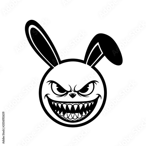 Foto Menacing bunny face with sharp teeth, angry eyes, one ear drooped