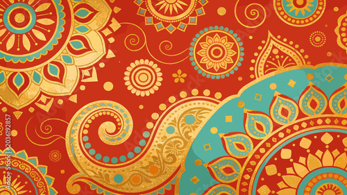 Vibrant Indian Mandala Pattern with Intricate Gold and Teal Designs on a Red Background.