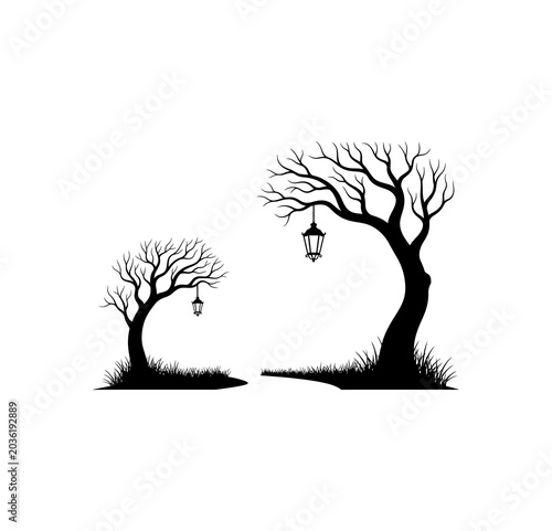 Silhouette of eerie barren trees with hanging lanterns on a white background