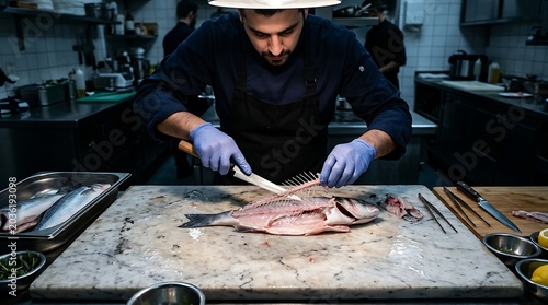 Professional chef preparing raw fish on a marble board