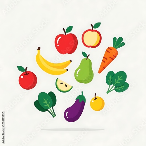 Colorful cartoon fruits and vegetables illustration.