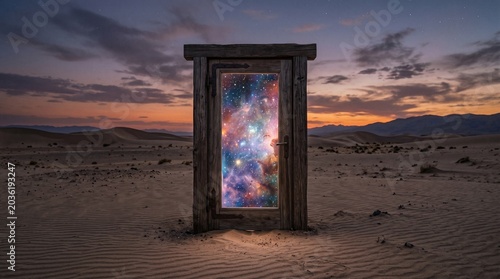 Standing door in desert with colorful galaxy inside at sunset
