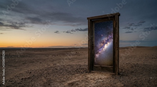Mystical doorway standing alone in desert at twilight with starry galaxy light
