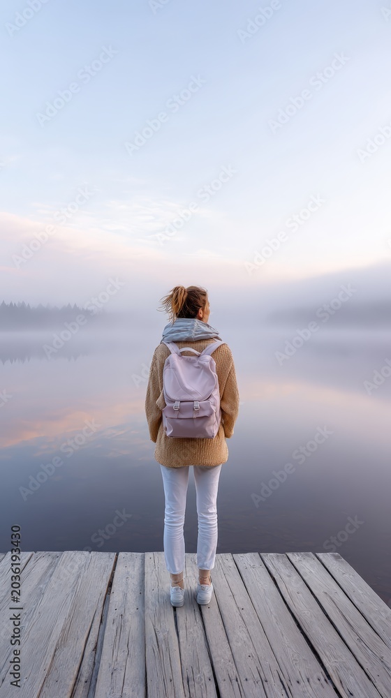 Obraz premium Woman on a misty lakeside dock at dawn for serene travel poster and pastel nature wallpaper background with soft sunrise colors and reflective calm water