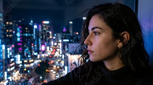 Pensive woman looking out a window at city lights at night