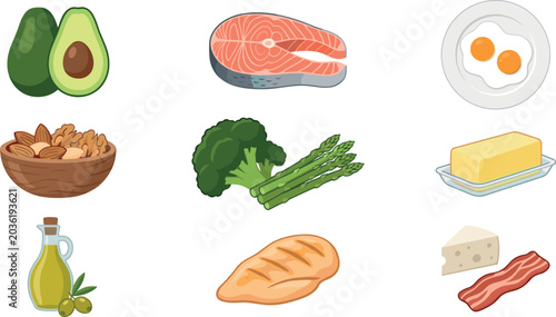 Quadro su tela Keto Diet Healthy Food Vector Set with Salmon, Avocado, Eggs, Nuts, Vegetables,