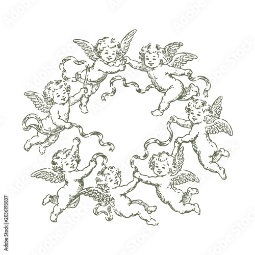 Fotografía Vintage Antique Engraving Cherubs Wreath Illustration - Retro Flying Angels Circ