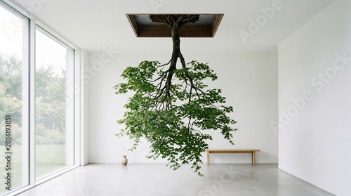 Upside-down indoor tree hanging from ceiling in bright minimalist modern room