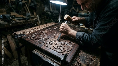 Skilled woodworker carving intricate floral patterns in workshop