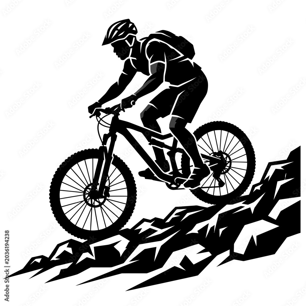 Naklejka premium Mountain biker riding on rugged rocky terrain silhouette