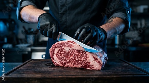 Chef slicing a premium raw beef ribeye steak on a wooden board