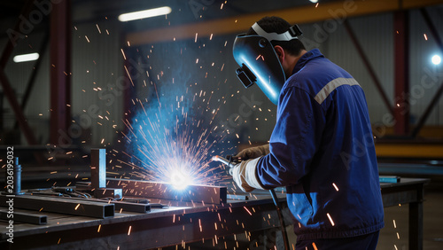 Tableau sur toile Industrial Welding Process,
Welder Working in Workshop,
Sparks from Metal Fabric