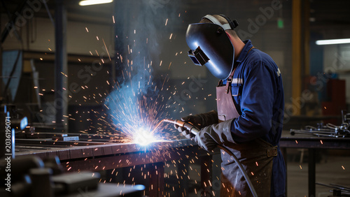 Industrial Welding Process,
Welder Working in Workshop,
Sparks from Metal Fabrication,
Professional Welder at Work,
Heavy Industry Metal Welding,
Welding Steel Structure,
Craftsman Welding Metal Pipes