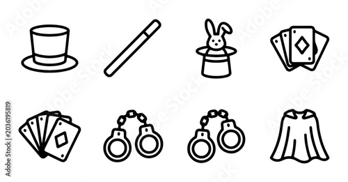 Tableau sur toile Magic Show Icons: Top Hat, Wand, Rabbit, Cards, Handcuffs, Cape, Vector Set
