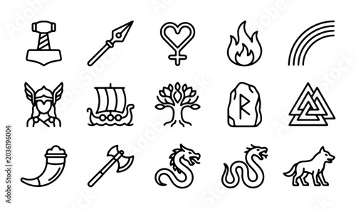 Foto Norse Mythology Icons Set, Viking Symbols Vector Collection, Ancient Runes and G