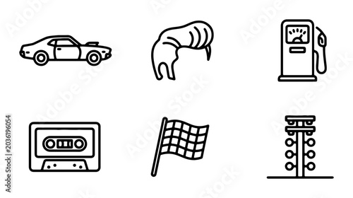 Schilderij op canvas Retro Car Icons, Cassette Tape, Gas Pump, Drag Race Flag, Hairstyle Vector Set