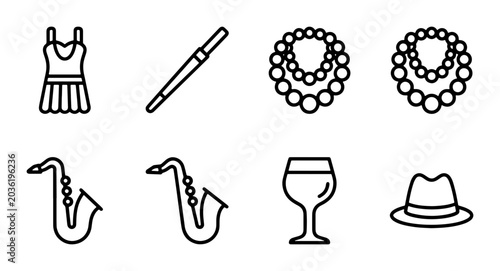 Canvastavla Art Deco Icon Set: Flapper Dress, Saxophone, Pearls, Fedora, Wine Glass Vector I