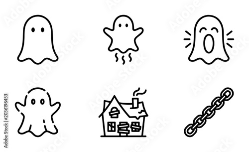 Photography Spooky Halloween Icons: Ghost, Haunted House, Chain Set, Vector Graphics