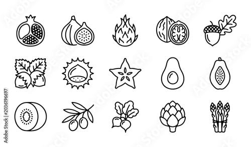 Bild auf Leinwand Healthy Food Icons: Fresh Fruits, Vegetables, Nuts, and Seeds Vector Set