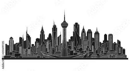 Modern City Skyline Silhouette with Tall Skyscrapers, Urban Concept