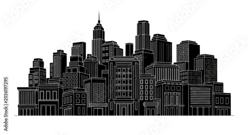 Black and white city skyline silhouette, modern urban architecture