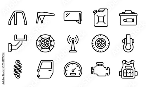 Foto Automotive Off-Road Parts Icons, Vehicle Accessories Vector Set, Off-Roading Gea