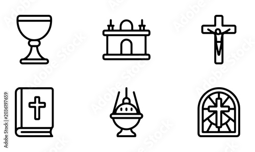 Schilderij op canvas Christianity Icons Set: Chalice, Altar, Cross, Bible, Censer, Stained Glass Wind