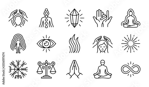 Bild auf Leinwand Holistic Wellness Icons Set: Yoga, Meditation, Energy, Crystals, Spiritual Symbo