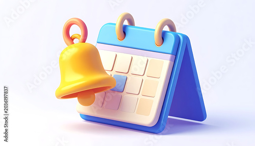 3D calendar with a golden bell icon, symbolizing reminders, important dates, planning, and scheduling