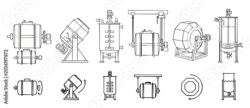 Fotografie Industrial mixing machinery line icon set featuring technical drawings of chemical reactors, processing mills, and liquid agitation tanks for manufacturing blueprints on isolated white background