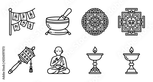 Картината върху платно Tibetan Buddhist Symbols Icons, Meditation, Prayer Wheel, Mandala, Ritual Object