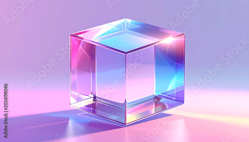 3D rendering of a clear glass cube refracting light with iridescent colorful reflections on a soft gradient background, geometric shape, studio lighting