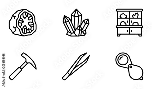Photos Geology Icons Set: Rocks, Crystals, Tools, Magnifier for Science and Education