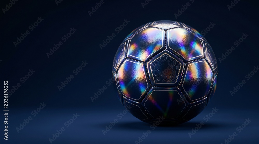 Fototapeta premium Futuristic iridescent soccer ball with metallic rainbow sheen on dark blue background, hightech 3d render of modern football with glowing chromatic panels