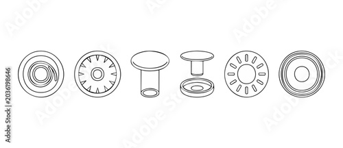 Obraz na plátně Metal press studs snap fastener line icons showing garment sewing hardware components in diagram view with clean minimalist outline style for apparel manufacturing blueprint design diagram template