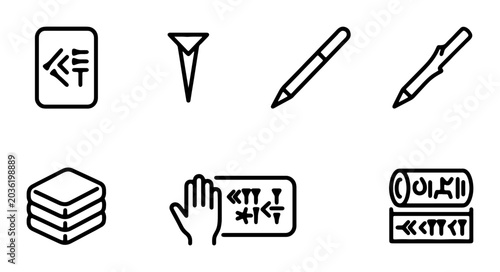 Bild auf Leinwand Ancient Cuneiform Writing Icons, Stylus, Clay Tablet Symbols, Vector Set