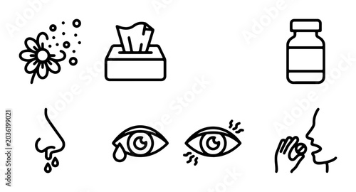 Slika na platnu Allergy Symptoms Icons Set: Pollen, Sneezing, Runny Nose, Itchy Eyes, Tissues, M