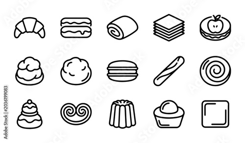 Fotografía Pastry Icons Set, Bakery Food Vector Graphics, Sweet Dessert Collection, Delicio