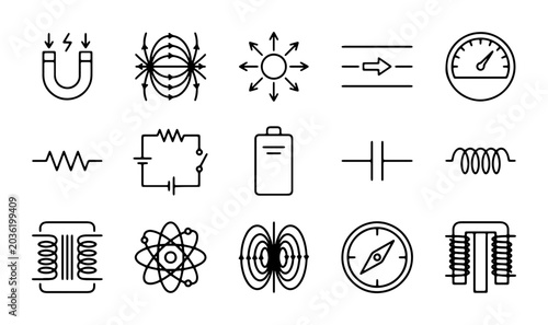 Canvastavla Electricity and Magnetism Icons Set: Physics Concepts, Circuit Elements, Magneti
